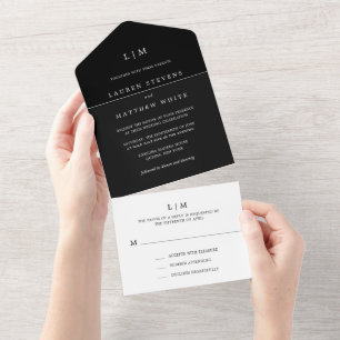 Lauren Black Monogram Elegant Wedding All In One Invitation