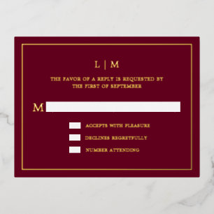 Lauren Burgundy Monogram Elegant Wedding Foil Invitation Postcard