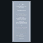 Lauren Dusty Blue Monogram Elegant Wedding Menu<br><div class="desc">Simple wedding menu featuring a modern yet elegant design with your two letter monogram along with your names and date surrounded by a thin border. All text is in white over a dusty blue background. The fonts and background colours may be changed to any colours you wish by clicking the...</div>