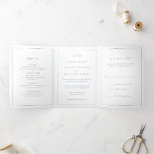 Lauren Dusty Blue Monogram Elegant Wedding Tri-Fold Invitation