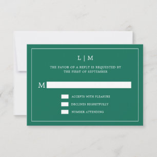 Lauren Emerald Green Monogram Elegant Wedding RSVP Card