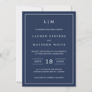 Lauren Navy Blue Monogram Elegant Wedding Invitation