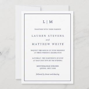 Lauren Navy Blue Monogram Elegant Wedding Invitation