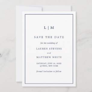 Lauren Navy Blue Monogram Elegant Wedding Save The Date