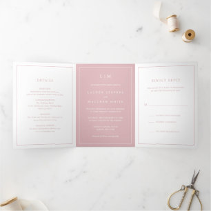 Lauren Pink Monogram Elegant Wedding Tri-Fold Invitation