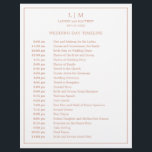 Lauren Rose Gold Monogram Elegant Wedding<br><div class="desc">Simple Wedding Timeline featuring a modern yet elegant design with your two letter monogram at the top and your details surrounded by a thin border. All text is in faux rose gold over a white background and may be changed to any colours you wish by clicking the "customise" button. A...</div>