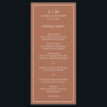 Lauren Terracotta Monogram Elegant Wedding Menu<br><div class="desc">Simple terracotta wedding menu featuring a modern yet elegant design with your two letter monogram along with your names and date surrounded by a thin border. All text is in white over a burnt orange / rust background. The fonts and background colours may be changed to any colours you wish...</div>
