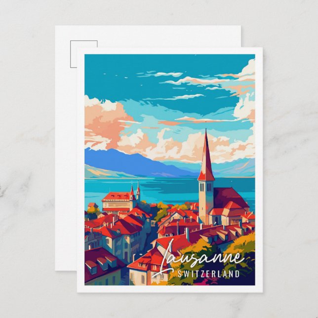 Lausanne Switzerland vintage travel illustration Postcard (Front/Back)
