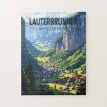Lauterbrunnen Switzerland Travel Art Vintage Jigsaw Puzzle<br><div class="desc">Lauterbrunnen retro vector travel design.  Set in a valley featuring rocky cliffs and the roaring Staubbach Falls.</div>