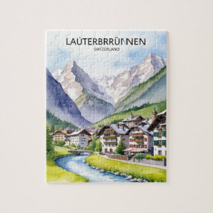 Lauterbrunnen Switzerland vintage Travel Art  Jigsaw Puzzle