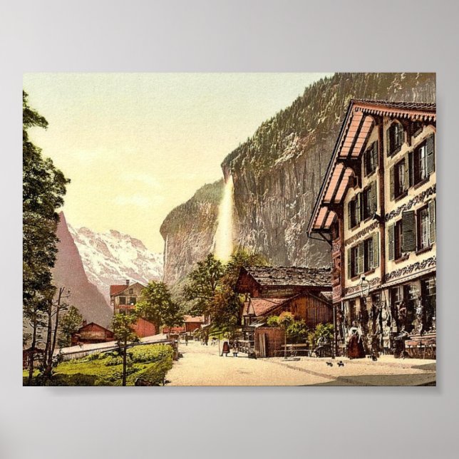 Lauterbrunnen Valley, street view with Staubbach W Poster (Front)