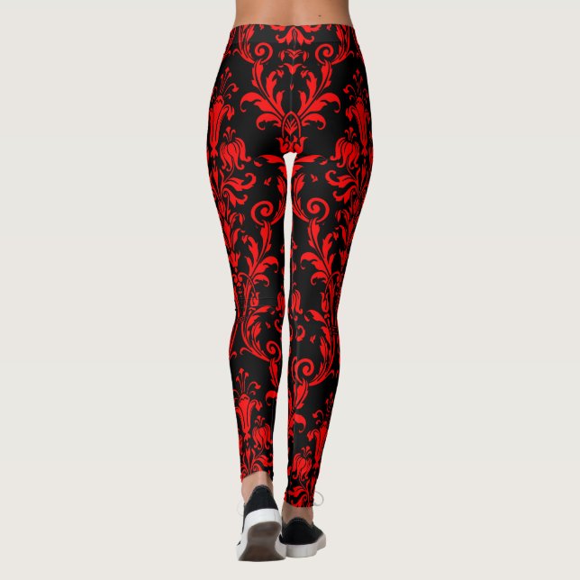 Lava Red On Black Floral Swirls Damask Leggings (Back)