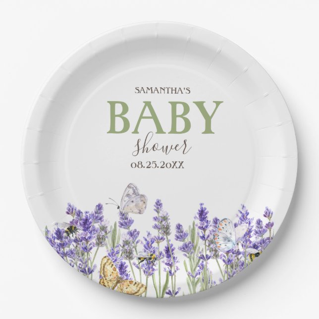 Lavander Butterflies Botanical Baby Shower   Paper Plate (Front)