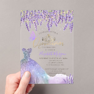 Lavander,String Lights,Glitter Dress Quinceanera Acrylic Invitations
