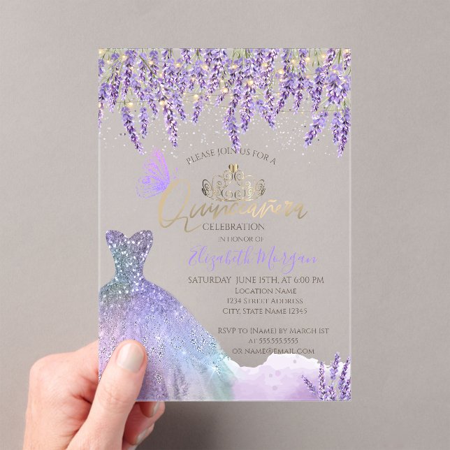  Lavander,String Lights,Glitter Dress Quinceanera Acrylic Invitations (Insitu (Handheld))
