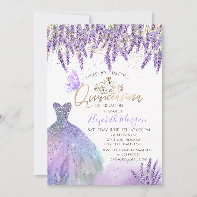  Lavander,String Lights,Glitter Dress Quinceanera Invitation (Front)