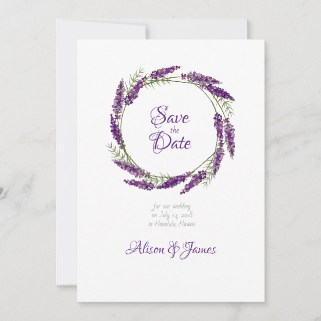 Lavander wreath wedding save the date (Front)