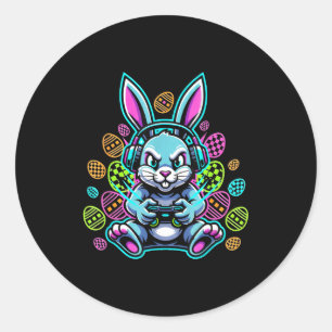 Lavel up gamer easter cute bunny rabbit headset classic round sticker