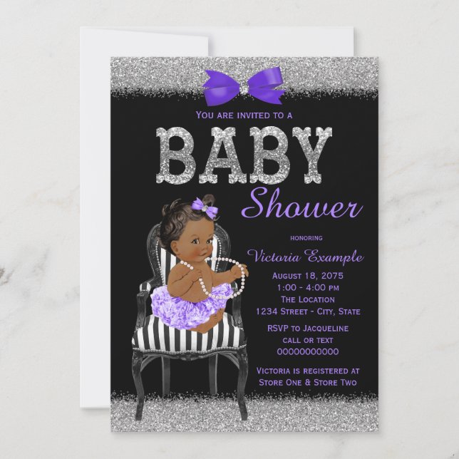 Lavend Purple Black Silver Ethnic Girl Baby Shower Invitation (Front)