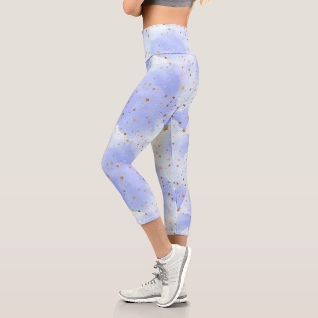 Lavendar Golden Star Pattern Capri Leggings (Left)