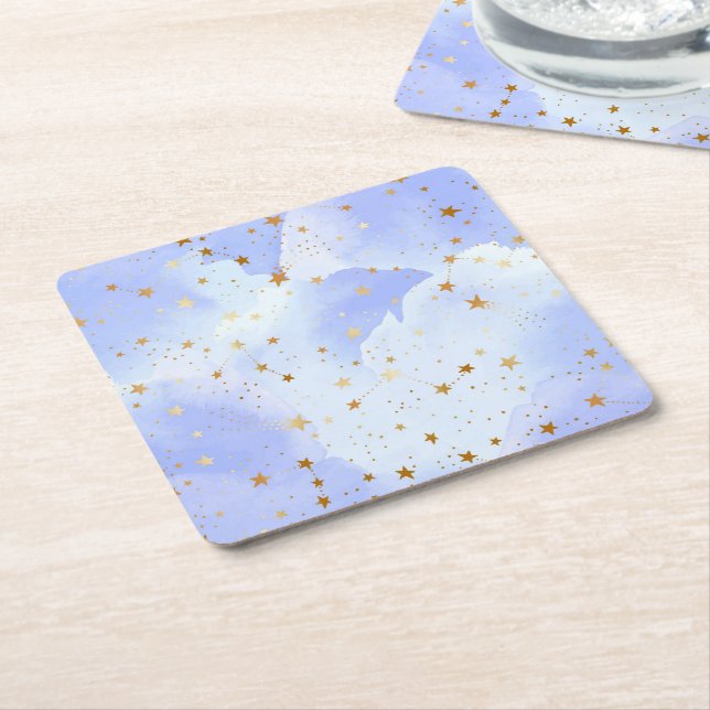 Lavendar Golden Star Pattern Square Paper Coaster (Angled)
