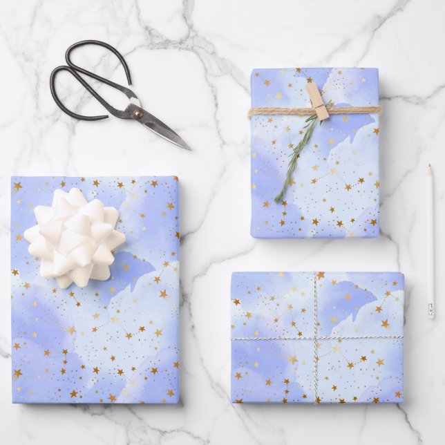 Lavendar Golden Star Pattern Wrapping Paper Sheet (Front)