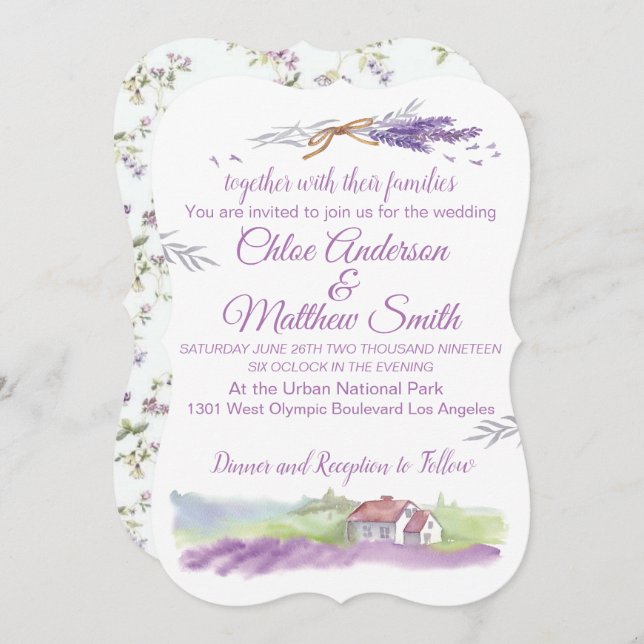 Lavendar Water Colour Wedding Invitation (Front/Back)