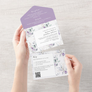 Lavende Peonies, White Roses Floral Wedding All In One Invitation