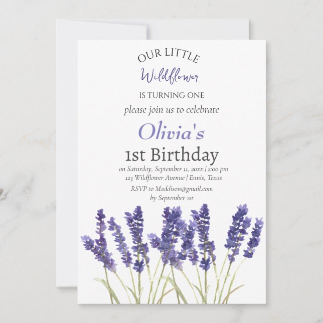 Lavender 1st First Birthday Girl Purple Floral  Invitation (Front)