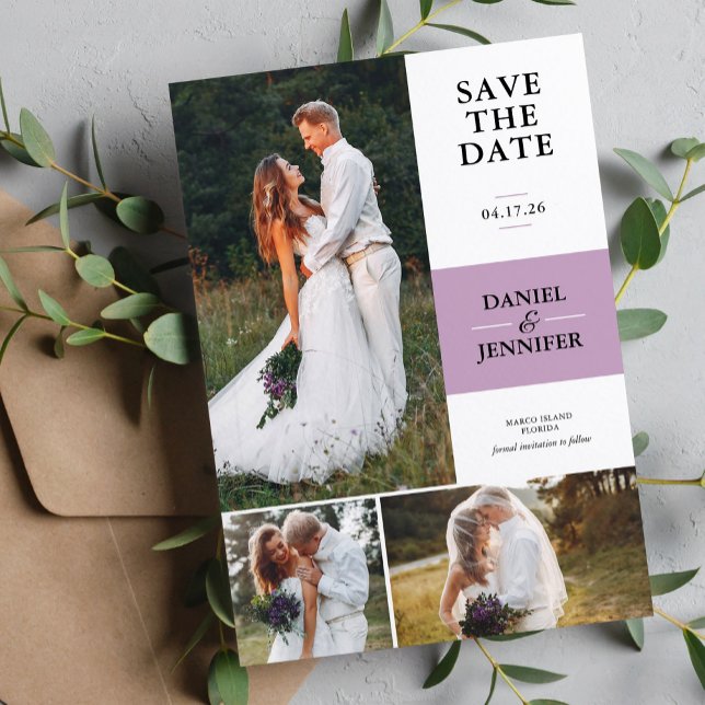 Lavender 3-Photo Gallery Wedding Save The Date (Creator Uploaded)