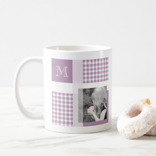 Lavender Add Your Photo Gingham Modern Monogram Coffee Mug (With Donut)