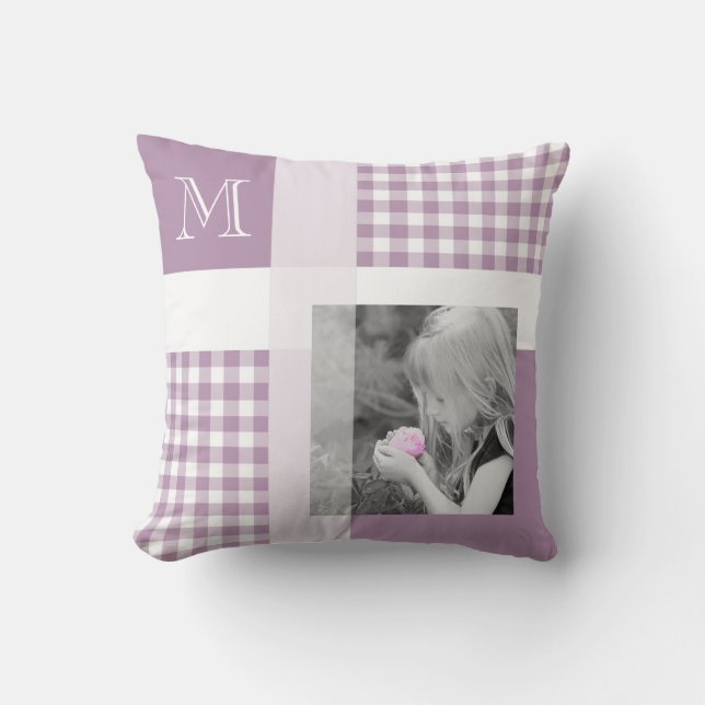 Lavender Add Your Photo Gingham Modern Monogram Cushion (Front)