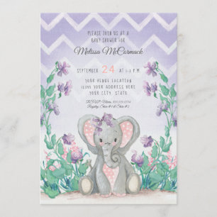 Lavender Adorable Elephant Girl Baby Shower Stripe Invitation