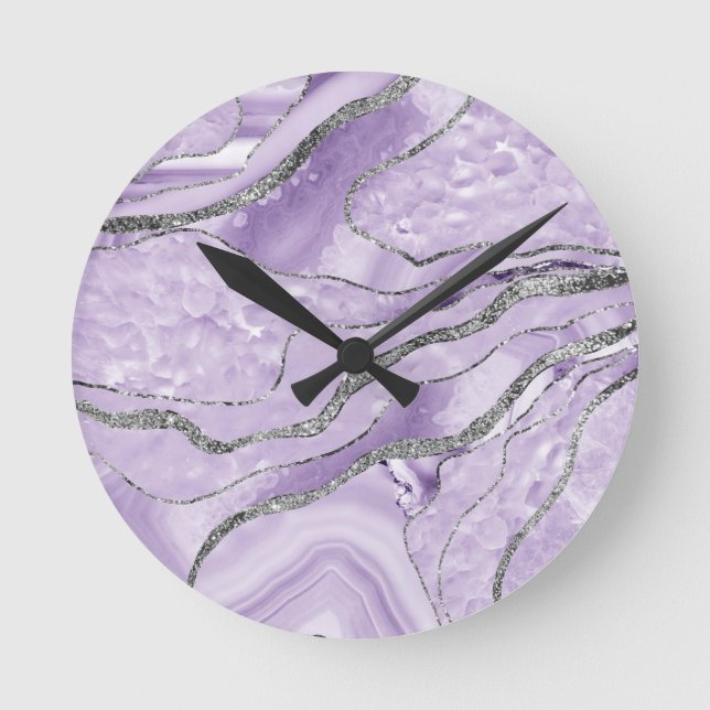 Lavender Agate Silver Glitter Glam #1  Round Clock (Front)