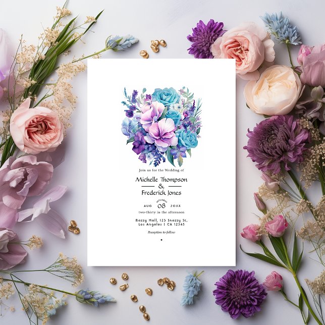 Lavender and Aqua Floral Wedding Invitation (Creator Uploaded)