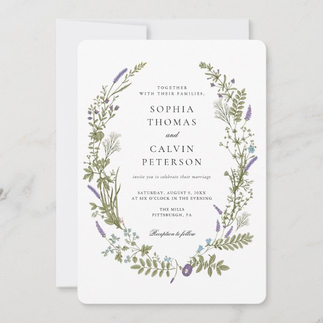 Lavender and Baby Breath Wildflower Wreath Wedding Invitation (Front)