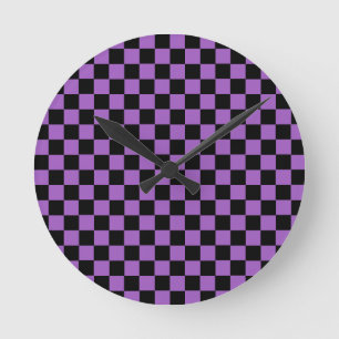 Lavender and Black Checkered Pattern Round Clock