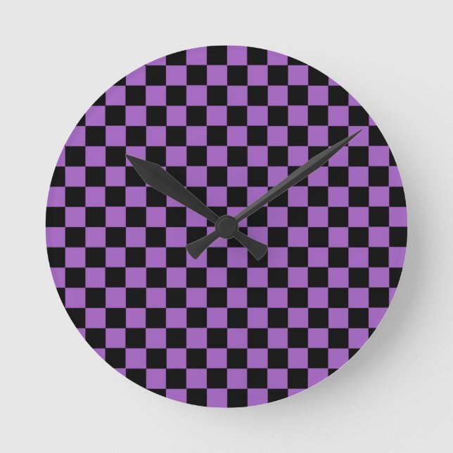Lavender and Black Checkered Pattern  Round Clock (Front)