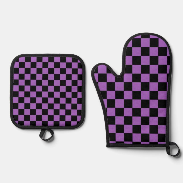 Lavender and Black Chequered Pattern  Oven Mitt & Pot Holder Set (Front)