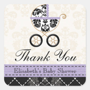 LAVENDER and Black Damask Baby Carriage Thank You Square Sticker