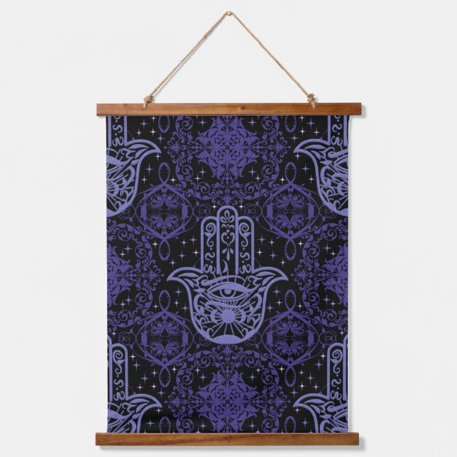 Lavender and Black Hamsa Hand Beautiful Hanging Tapestry (Front)