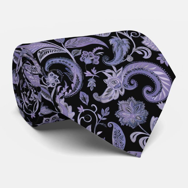 Lavender and Black Paisley  Neck Tie (Rolled)