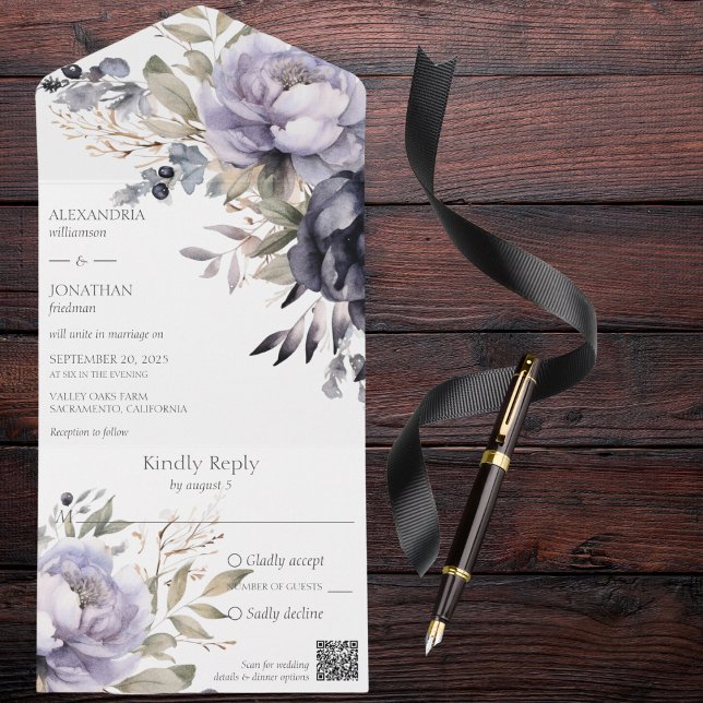 Lavender and Black Peonies QR Code All In One Invitation (Creator Uploaded)