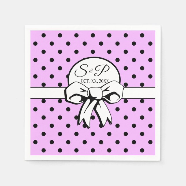 Lavender and Black Polka Dot White Bow Personalise Napkin (Front)