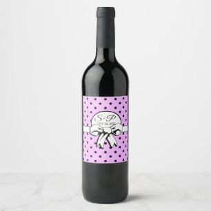 Lavender and Black Polka Dot White Bow Personalise Wine Label