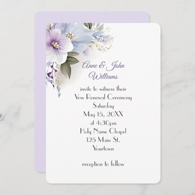 Lavender and Blue Floral Vow Renewal Invitation (Front/Back)