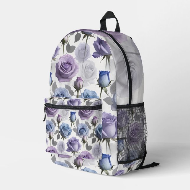 Lavender And Blue Roses Set On A Cloudy Gray Printed Backpack (Back Corner Right)