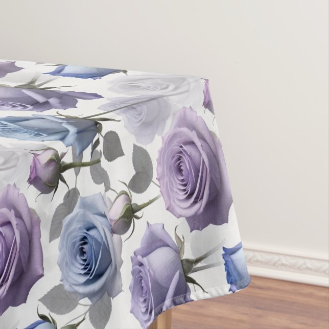 Lavender And Blue Roses Set On A Cloudy Gray Tablecloth (In Situ)