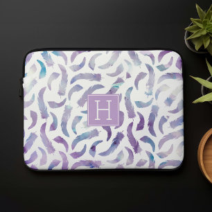 Lavender and Blue Watercolor Feathers Monogrammed Laptop Sleeve