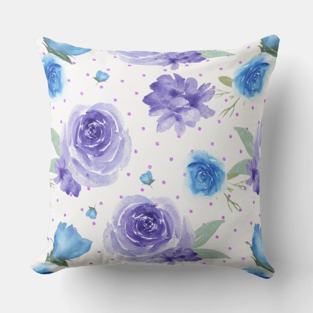 Lavender and blue watercolors flowers pattern cushion (Front)